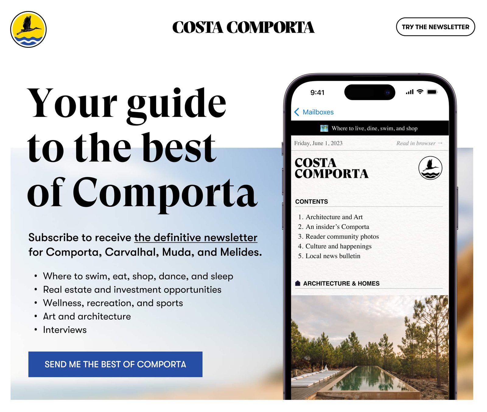 Sign up to the Costa Comporta email newsletter